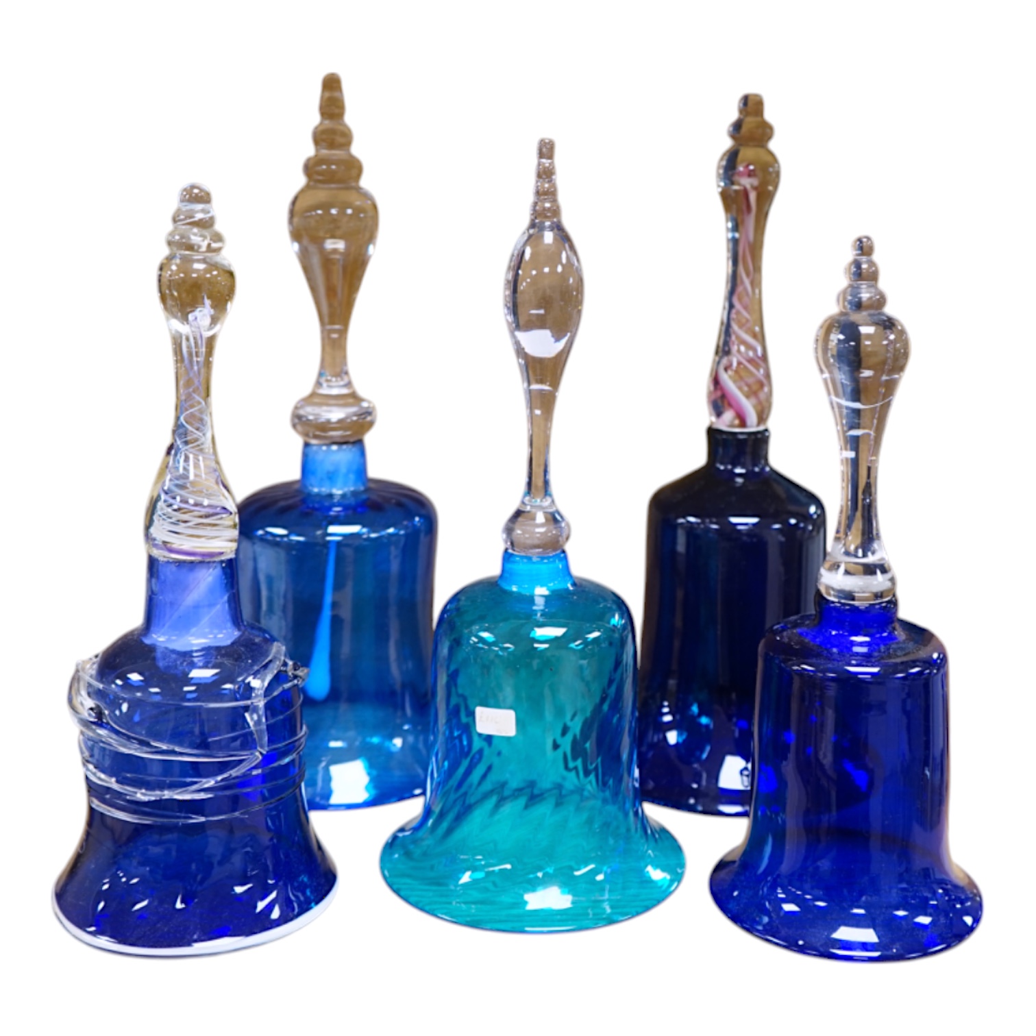 Five Victorian blue glass bells, two with air twist handles, 32cm high. Condition - fair to good